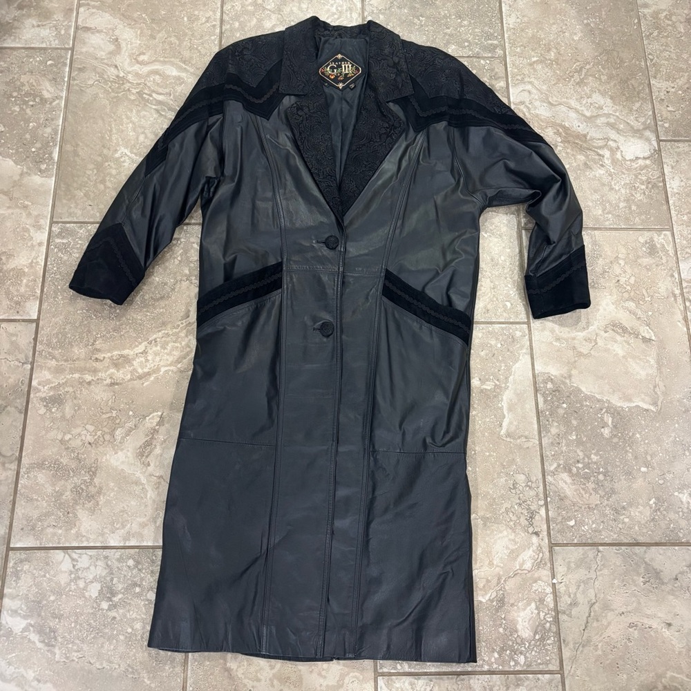 Vintage G-III Women’s Leather Coat Black Long Trench Sz Small‎